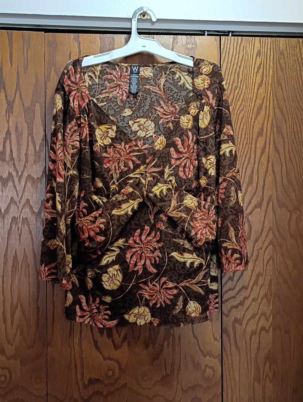 W by Worth Brown Floral Wrap Blouse with Pink and Yellow Blooms